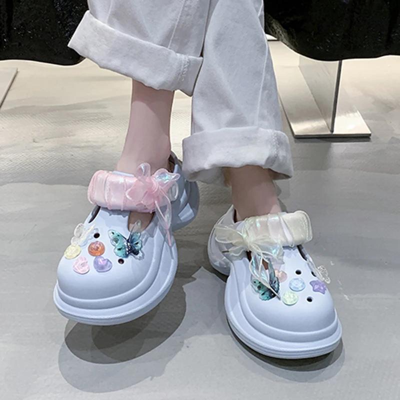 Fashion Colourful Butterfly Eva Clogs Shoes for Women Summer Laser Ribbon Wedge Sandals Woman Fashion Soft Thick Sole Slippers Female