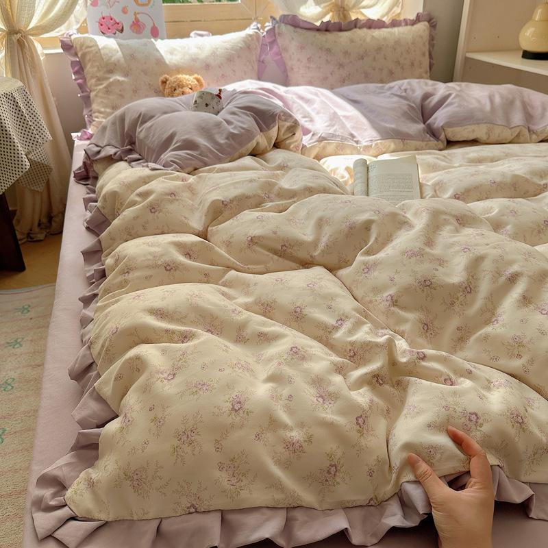 Čtyřdílná sada lůžkovin z dvojité příze, šetrná k pokožce, prodyšná a pohodlná, prané prostěradlo, povlaky na přikrývky, povlaky na polštáře, sady