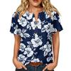 Women's Floral Print Short Sleeve Shirt Henley Button Neck Chest Pocket Casual Linen Cotton Blended Top for Summer