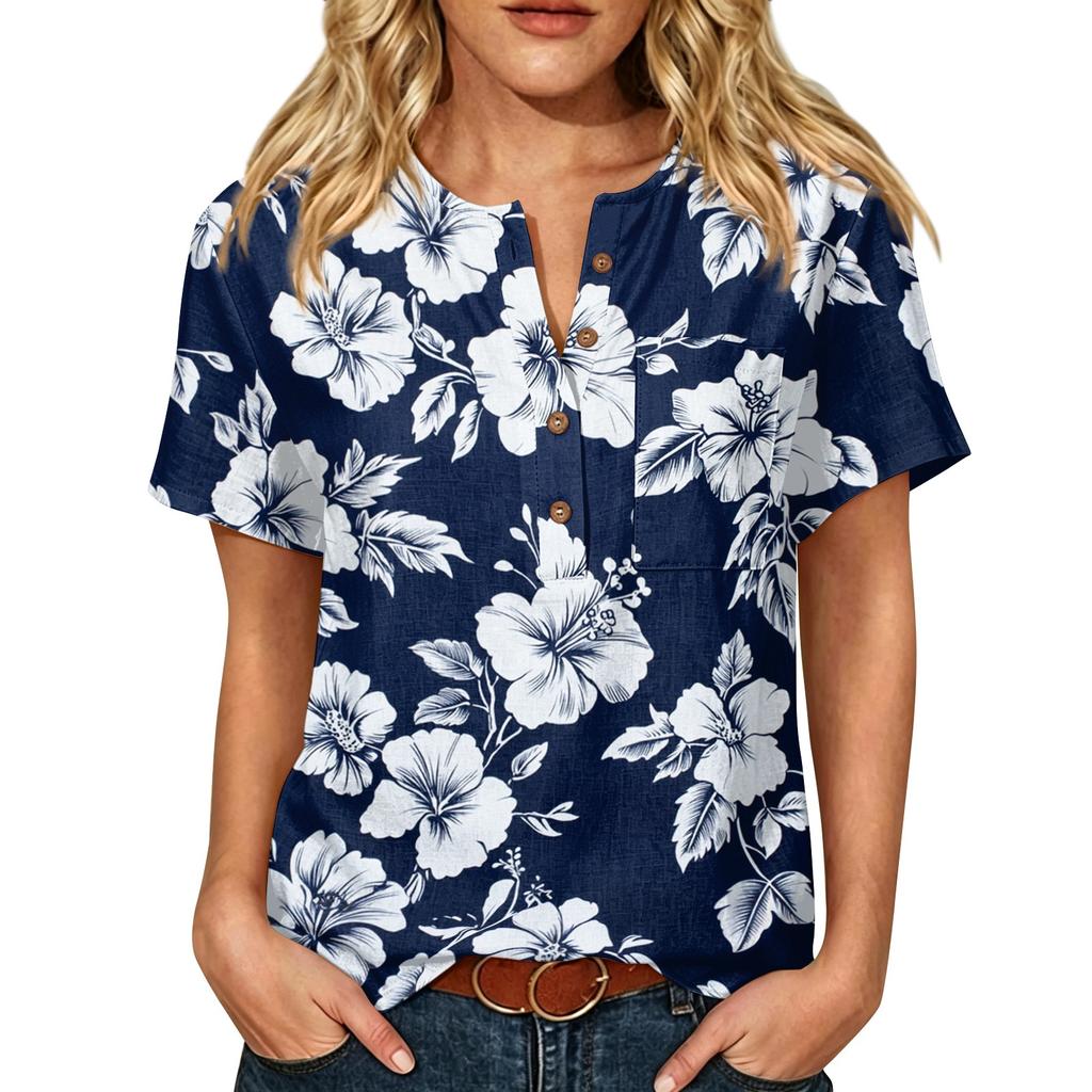 Women's Floral Print Short Sleeve Shirt Henley Button Neck Chest Pocket Casual Linen Cotton Blended Top for Summer