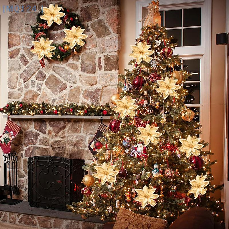 5PCS Christmas Golden Glitter 14cm Flower Christmas Tree Decoration Ornaments Color Glitter Home Party Decoration Supplies