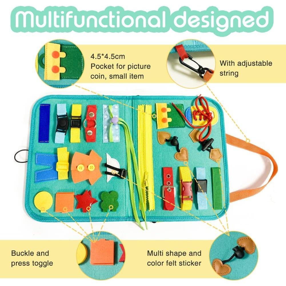Busy Board, 20-in-1 Montessori Toy Motor Skills Toy for Dressing Skills, Educational Sensory Toddler Toy, Activity Board for Airplane Car Travel