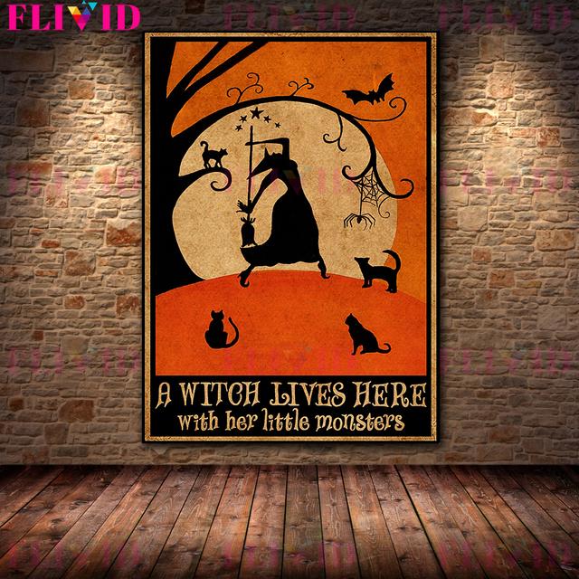 Dark Black Cat Witch Living Here Retro Decoration Poster Black Cat Association Wall Painting Decoration