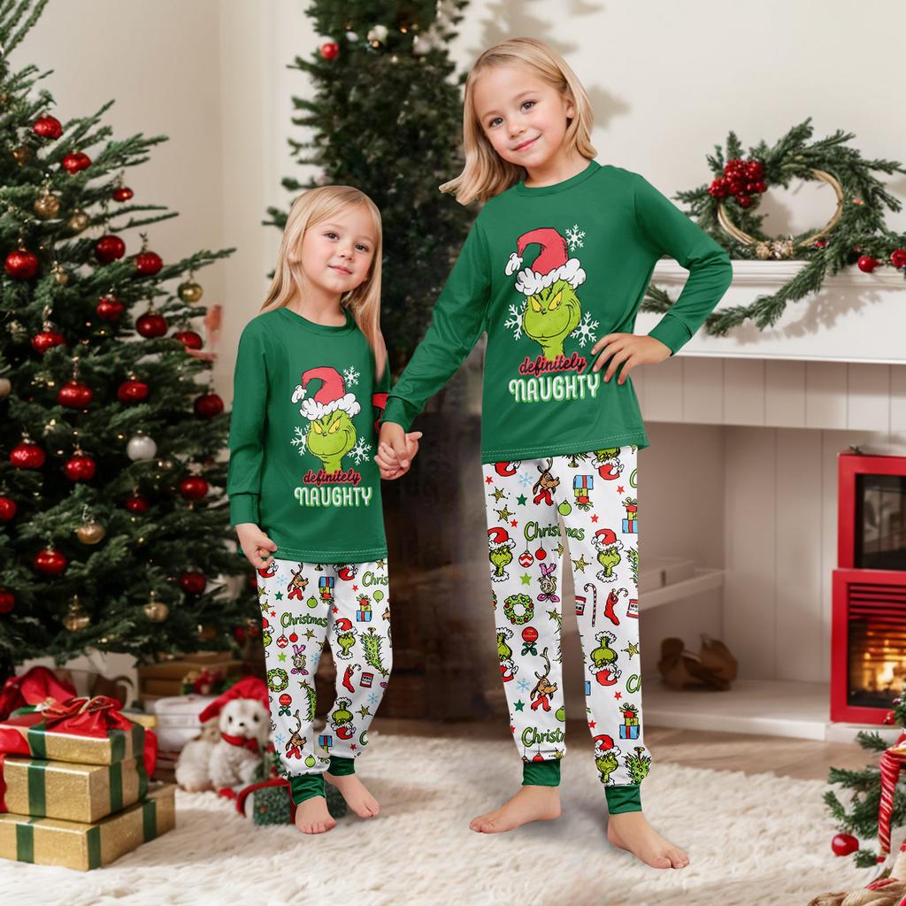 Christmas Print Family Matching Pajama Set Long Sleeve Long Pants Neck for Women Men and Kids
