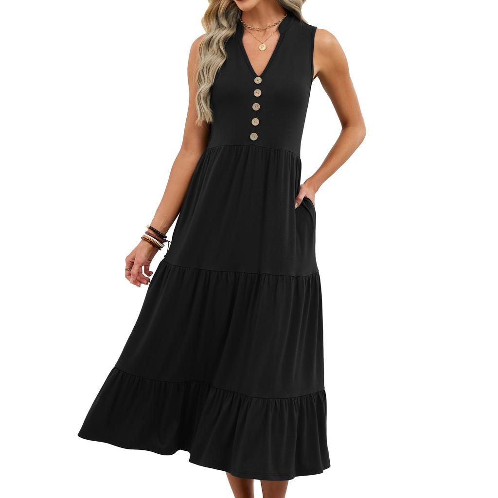 European Style Spring and Summer Solid Color V-Neck Button Casual Sleeveless Tank Maxi Dress