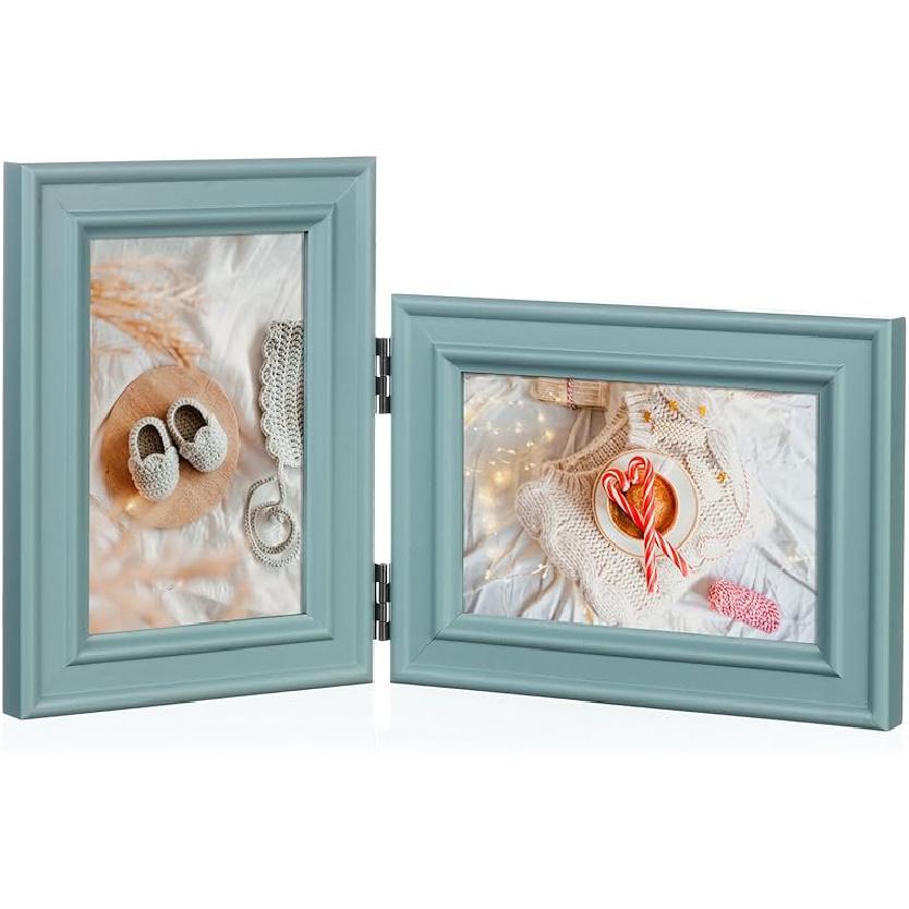 5X7 Double Wooden Hinged Picture Frame Vertical and Horizontal in Distressed Farmhouse Wood Grain, Display 4x6 with Mat or 5x7 without Mat, Folding