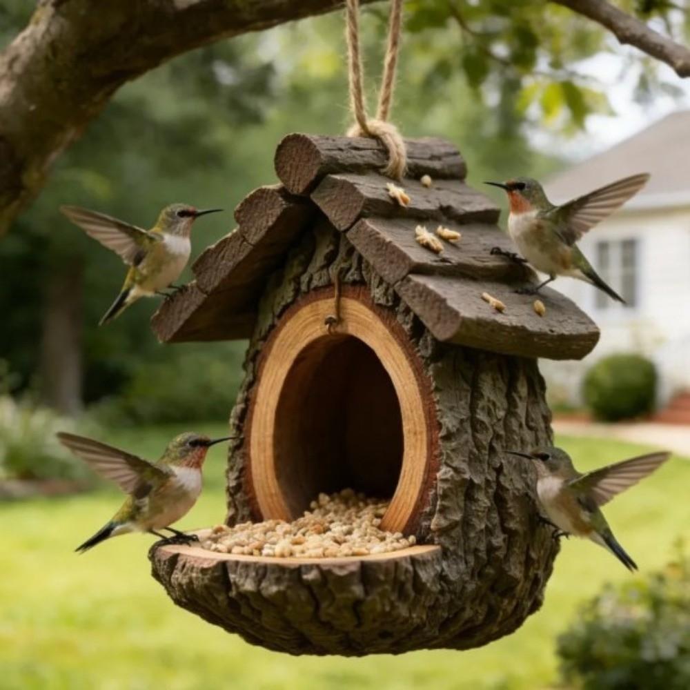 Resin Hummingbird Feeder Lifelike Decorative Hanging Wild Bird Feeder Natural Look Weather-Resistant Feeding Station