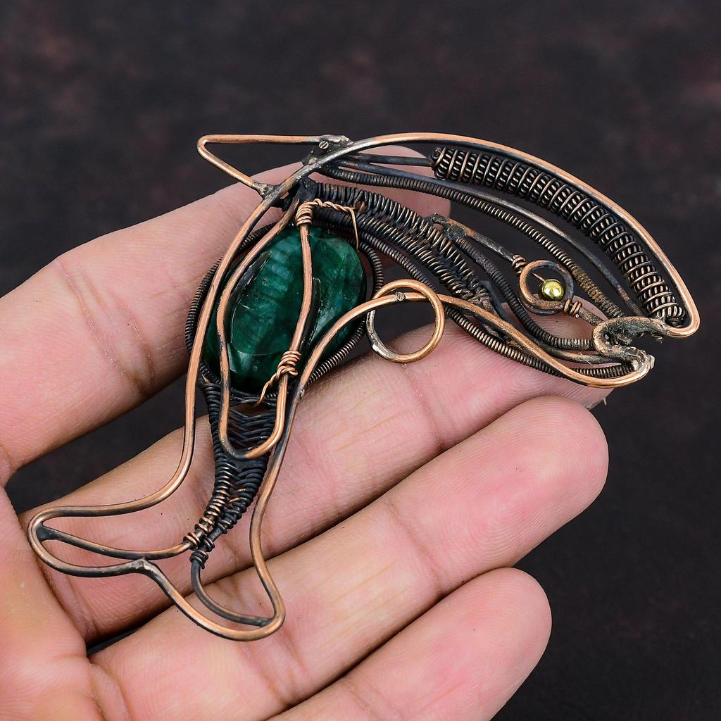 Facettierter sambischer Smaragd Anhänger Kupferdraht gewickelt Anhänger Antiker Fisch Anhänger Edelstein handgemachter Anhänger Kupferdraht Schmuck Hochzeitsgeschenk