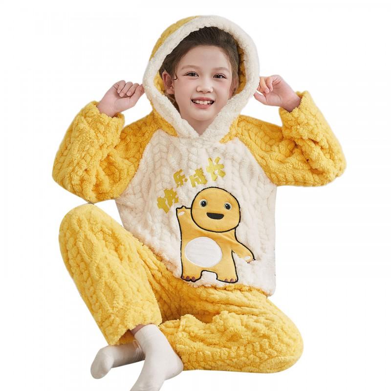 Girls Coral Fleece Pajama Set With Hooded Cartoon Character Design Winter Warm Sleepwear Kids 8 Years