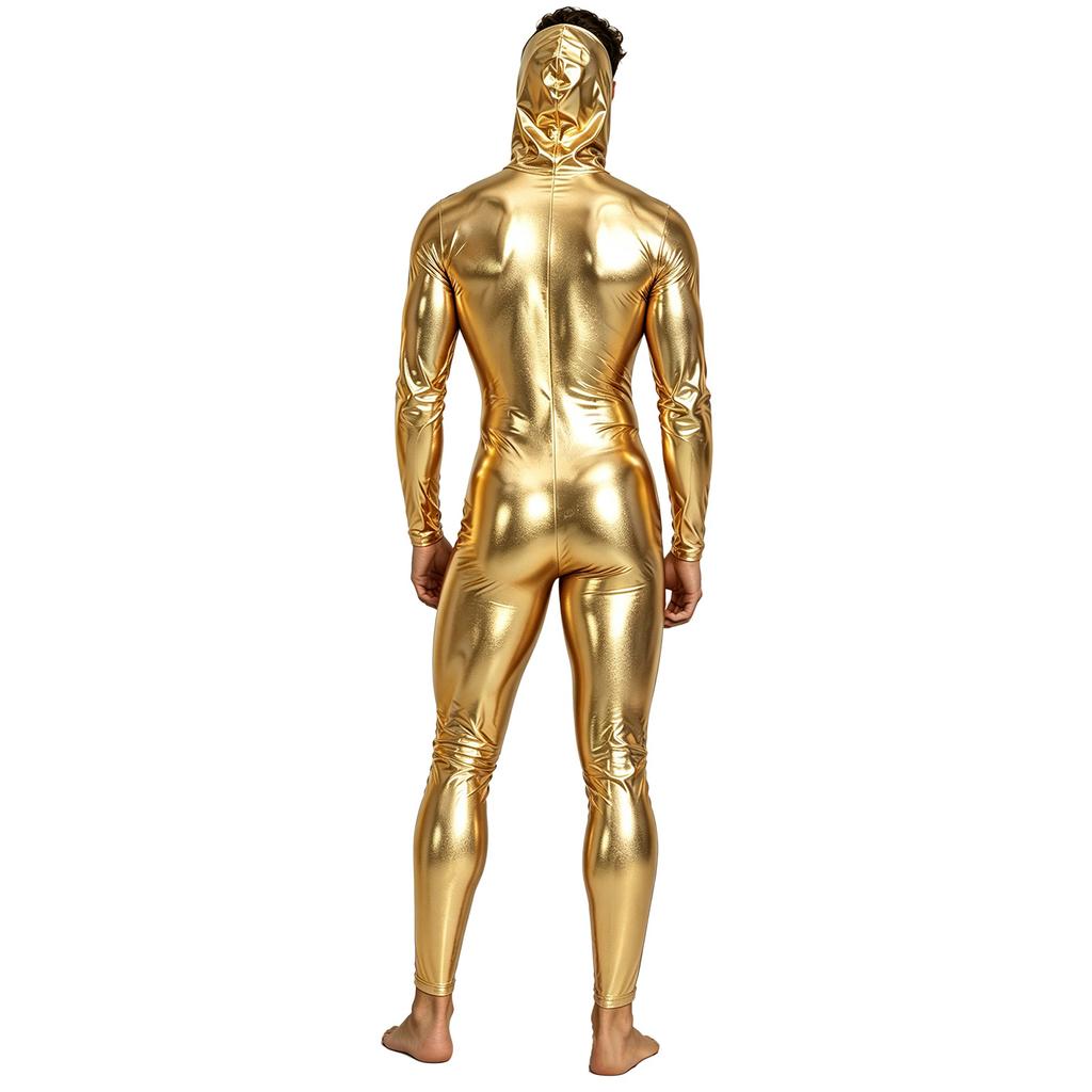 Men Metallic Shiny Hooded Jumpsuit Long Sleeve Front Zip-up Leggings Tights Catsuit Bodysuit for Rave Party Clubwear Night Out