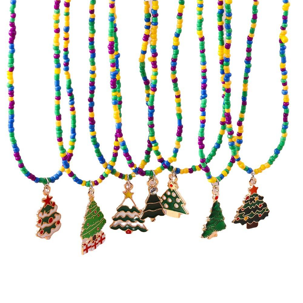 Green Christmas Tree Seed Bead Necklace Set - Holiday Choker Jewelry