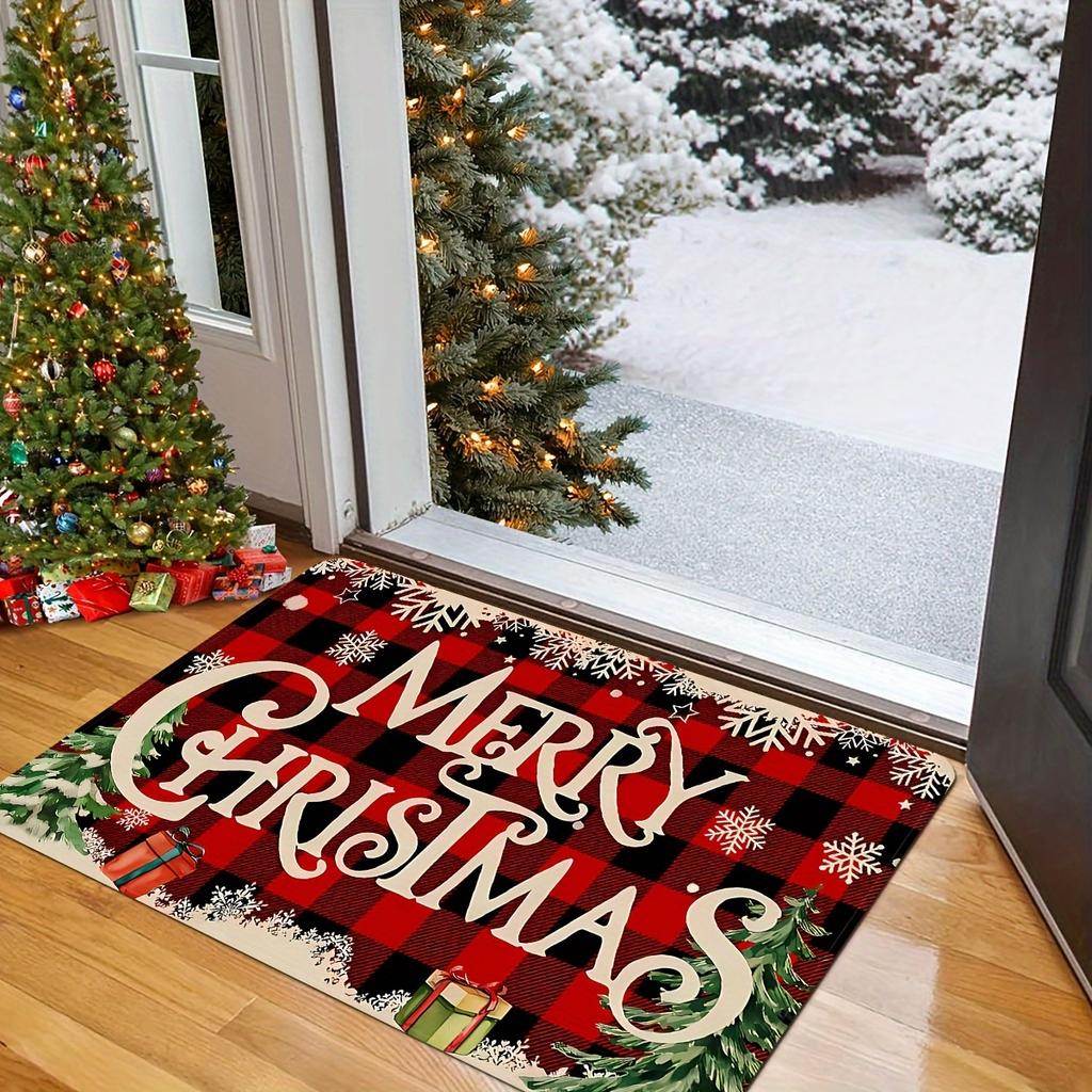 Christmas Themed Welcome Doormat Non-Slip Floor Mat For Bedroom Kitchen Bathroom Polyester Indoor Outdoor Rug Plaid Home Carpet