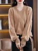 Damski sweter kaszmirowy z dekoltem w serek i warkoczowym splotem - Luźny, pogrubiony, jednolity kolor na jesień/zimę