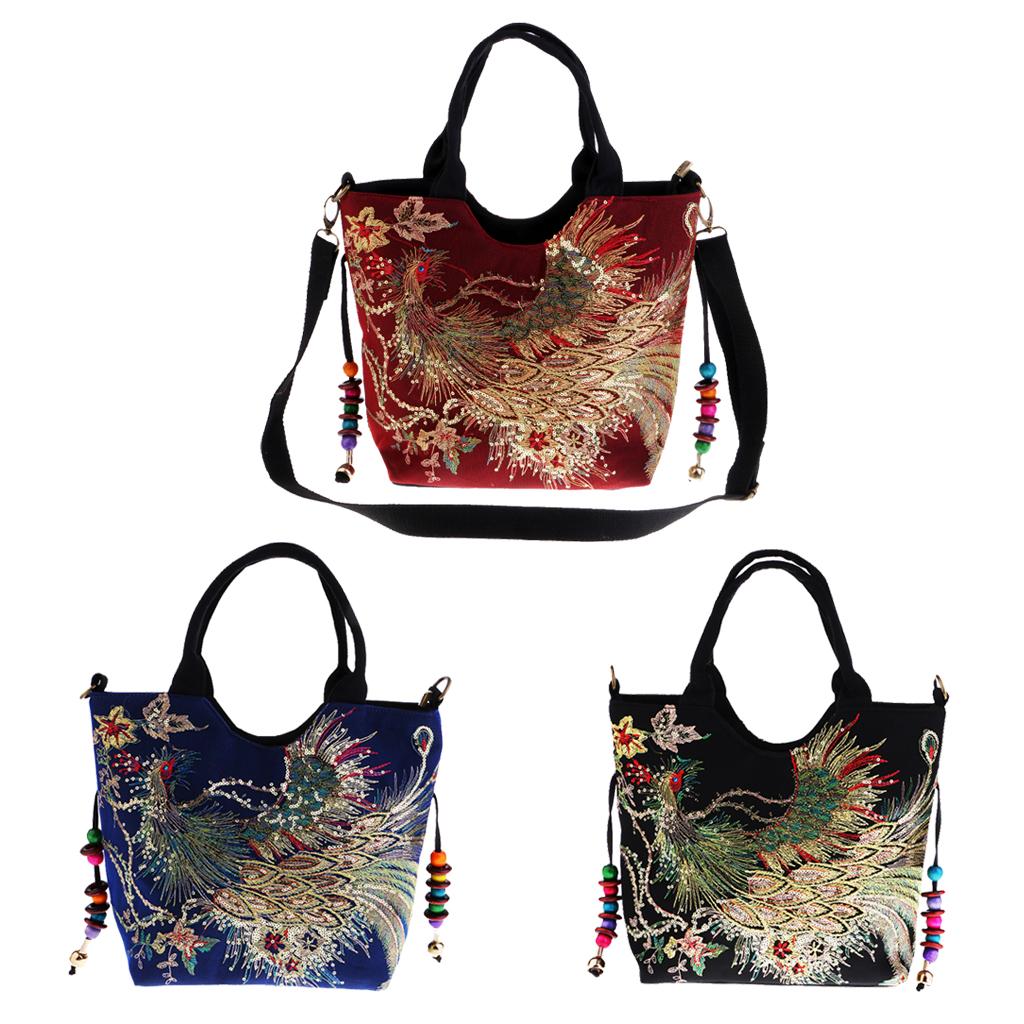 Handmade Retro Peacock Embroidery Bag with Zipper Woman Handbag Shoulder Bag