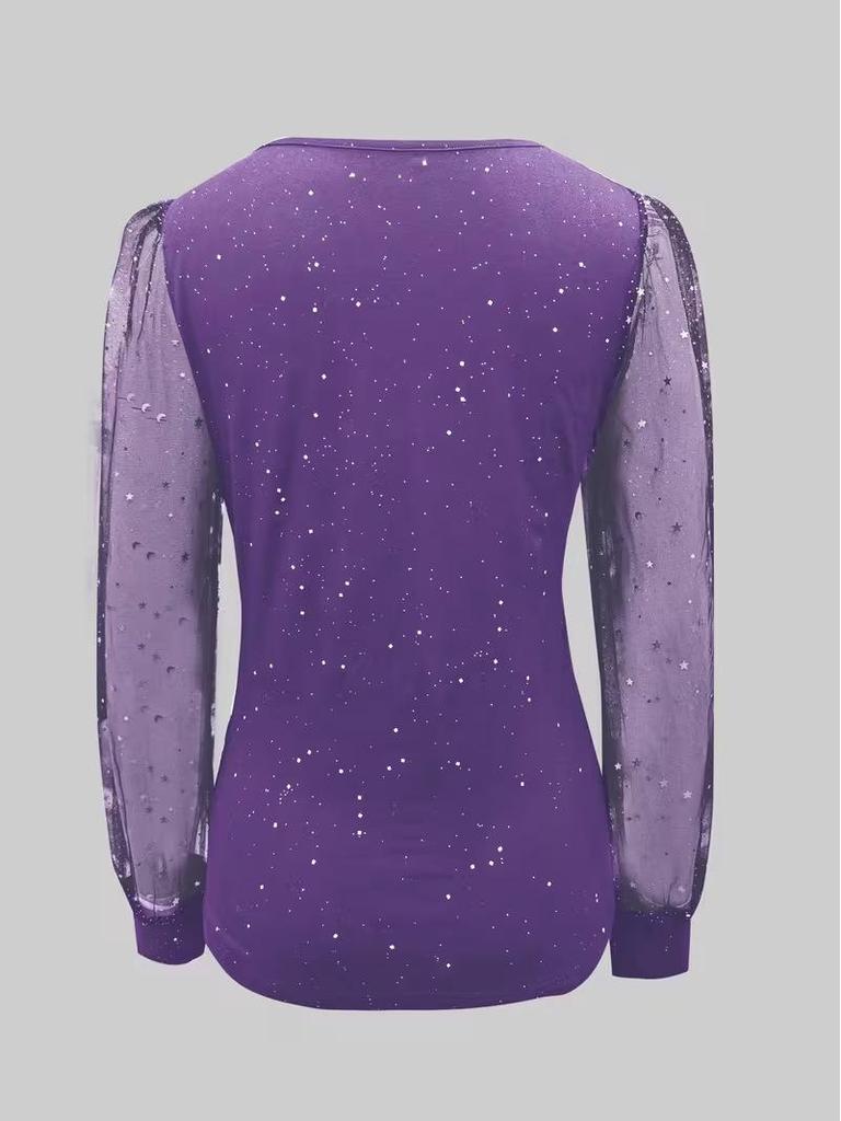 European Style V-Neck Long Sleeve Mesh T-Shirt