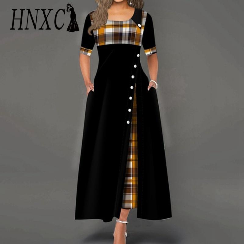 HNXC Women Fashion Casual Irregular Plaid Button Print Maxi Short Sleeve O-Neck Plus Size Party Dress