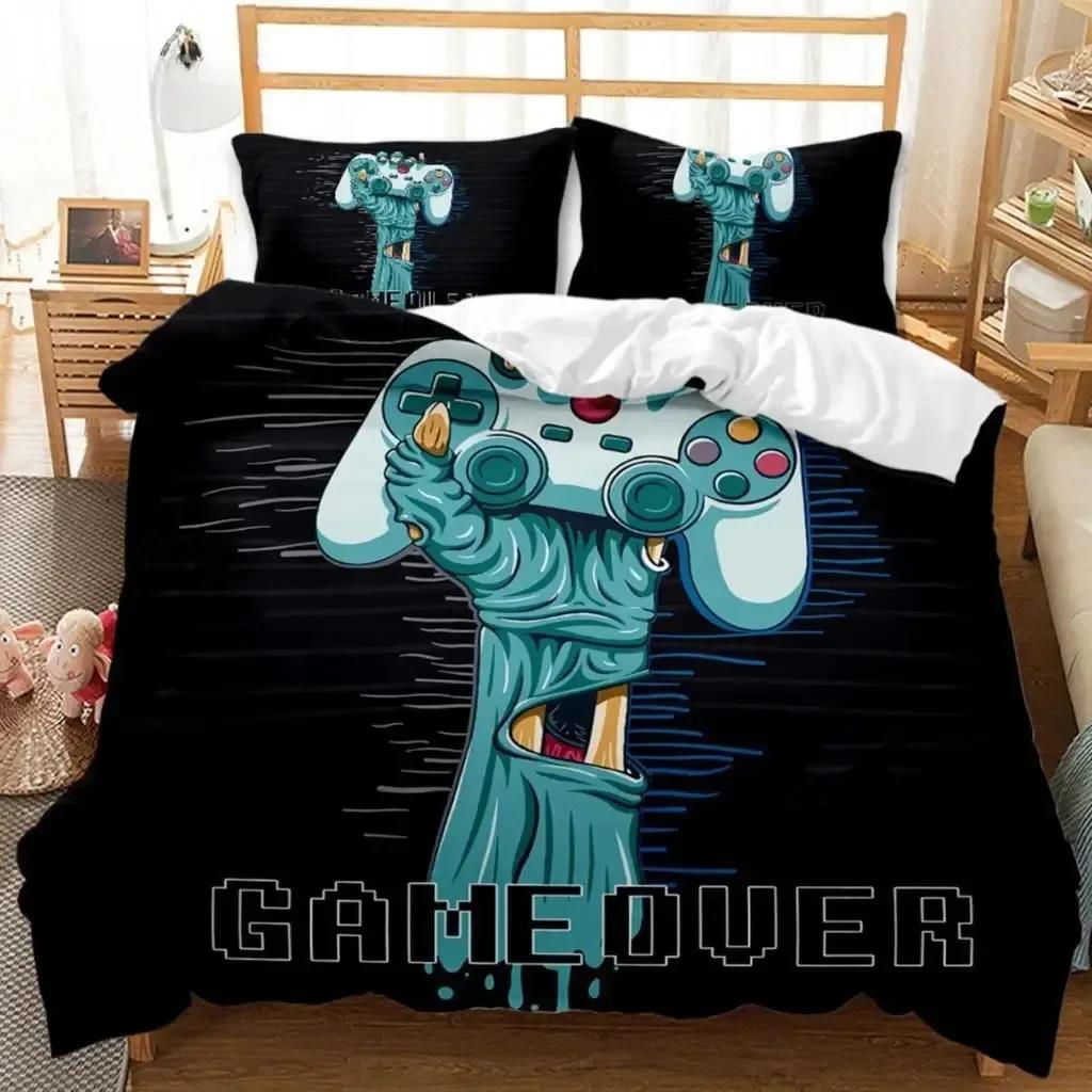 Gaming Duvet Cover Set Sugar Skull Gamer Bedding Spider Web Halloween Polyester Duvet Cover Kids Juvenile Hand Skeleton Gamepad