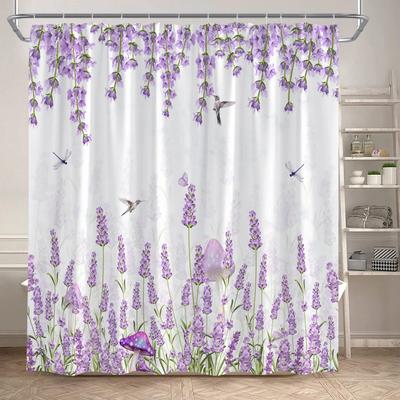 Lila Lavendel Duschvorhang Schmetterling Libelle Aquarell Blumige Pflanze Badevorhang Set Polyester Badezimmer Dekoration