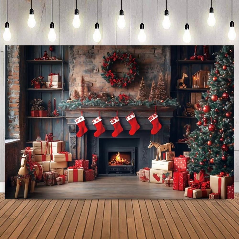Christmas Classic Themed Photography Background Fireplace Xmas Tree Window Gifts Family Friends Party Decor Photo Backdrop Prop2