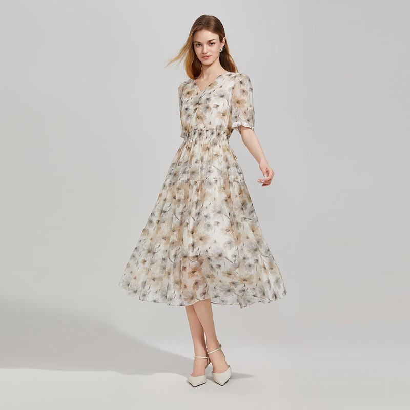 Elegant V-Neck Printed Midi Dress M