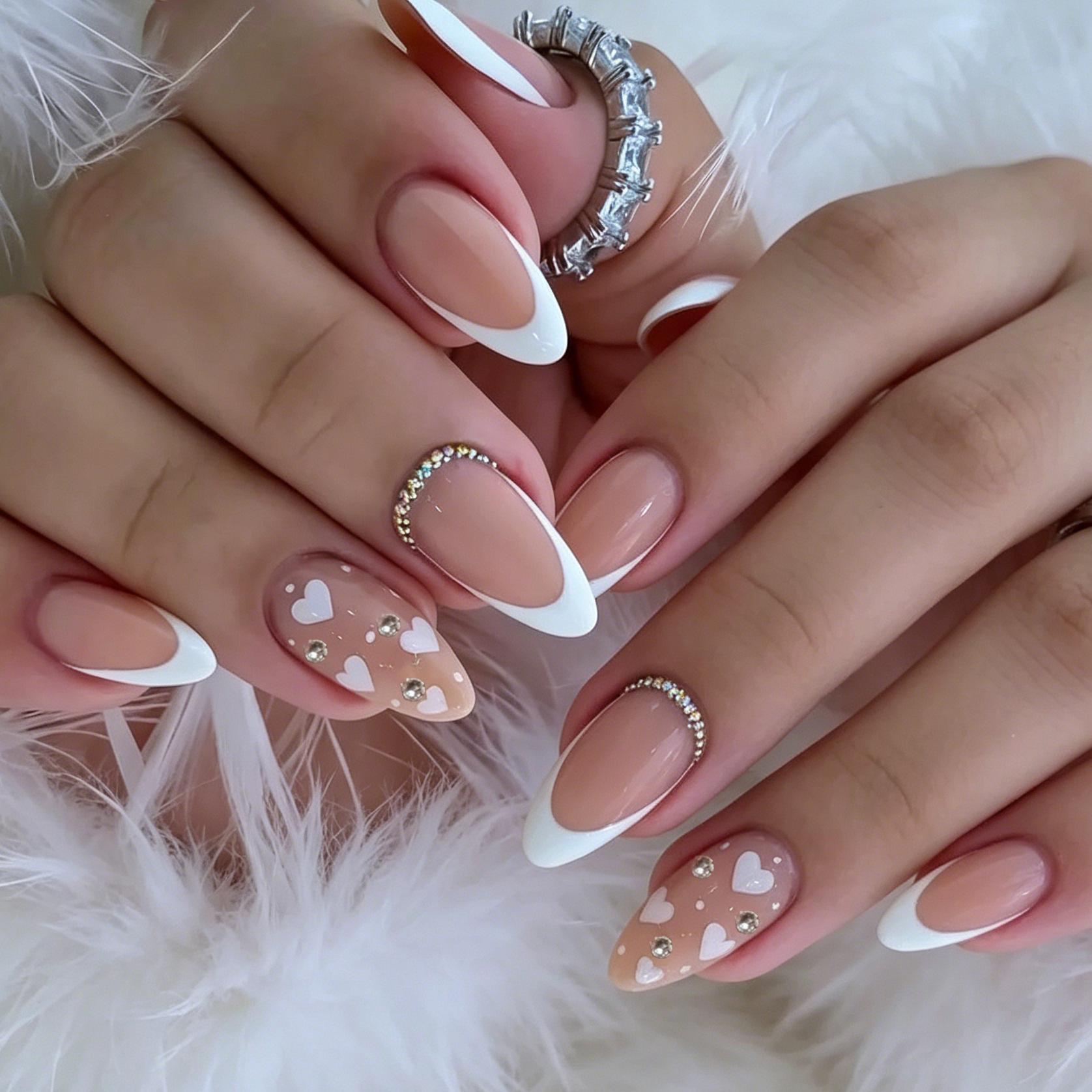 24 Pieces Of Manicure, Small Diamond Hemming, Classic French Love, Light Luxury, Long Almond-Shaped Wearing Armor Jelly glue + rubbing strips
