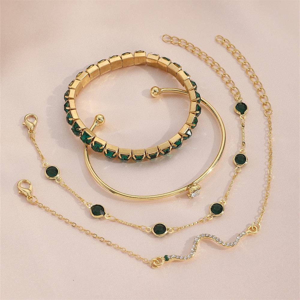 Stylish European & American Green Diamond Snake Bangles: 4-Piece Women's Elegant Metal Bracelet Set