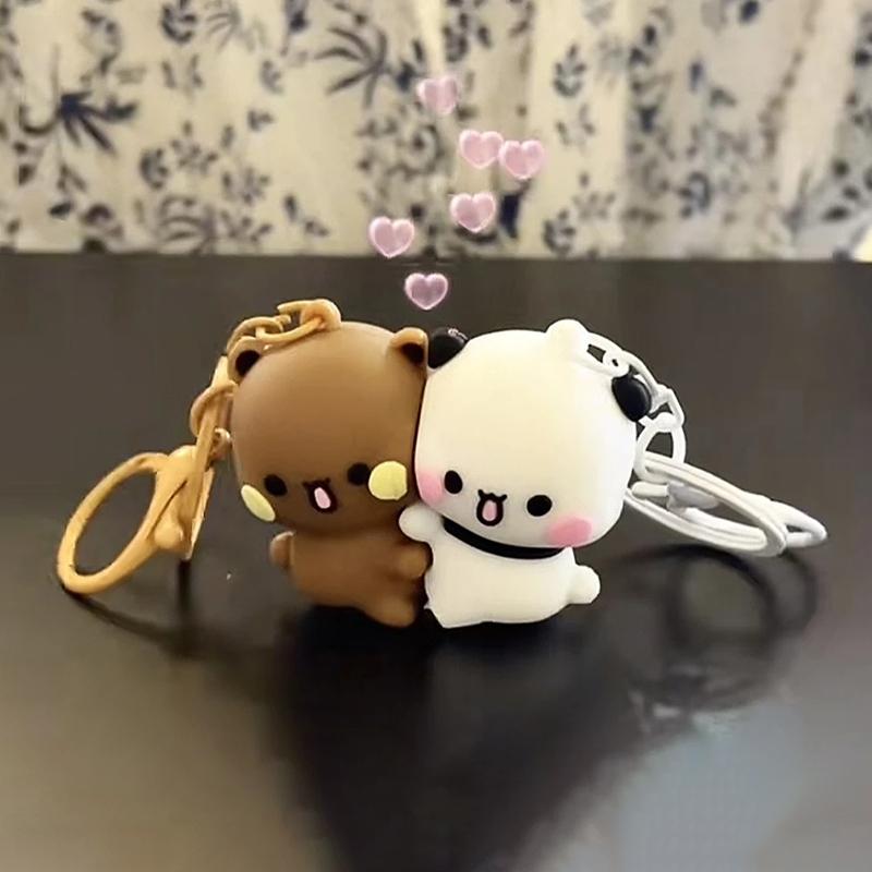2Pcs Cartoon Anime Panda Bubu Dudu Magnetic Keychain Cute Backpack Pendant With Toy Figures Couple Key Accessories Small Gifts