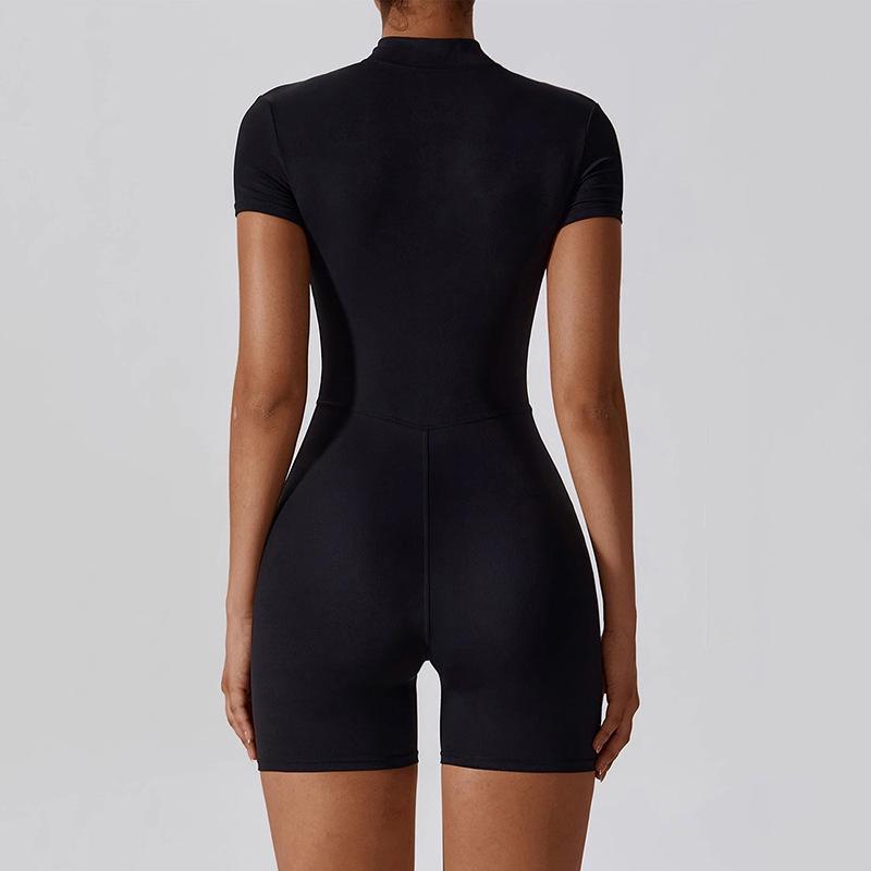 Women's Summer Zipper Short Sleeve Yoga Bodysuit Jumpsuit