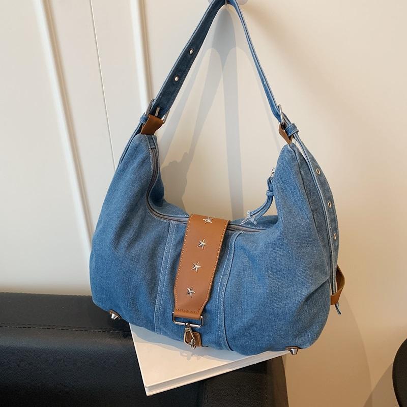 Vintage Large Capacity Denim Bag Women's Shoulder Underarm Bag Commuter Crossbody Bag