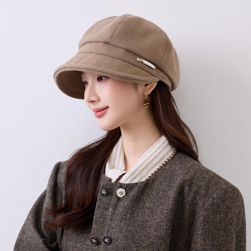 Retro Solid Color Octagonal Hat Autumn and Winter Big Eaves Show the Face Small Peaked Hat Simple Warm Woolen Hat Women's