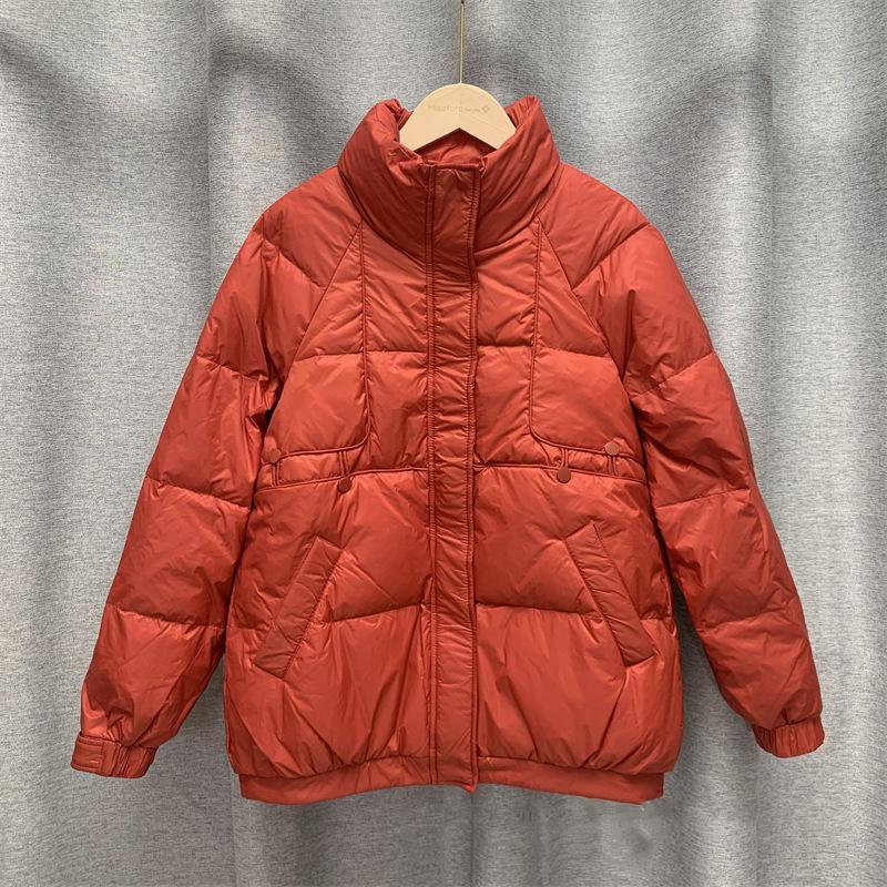 Femei, toamnă iarnă, jachetă albă din puf de rață, haină căptușită, guler scurt, mânecă completă, buzunar cu fermoar, vrac, îngroșare, culoare solidă