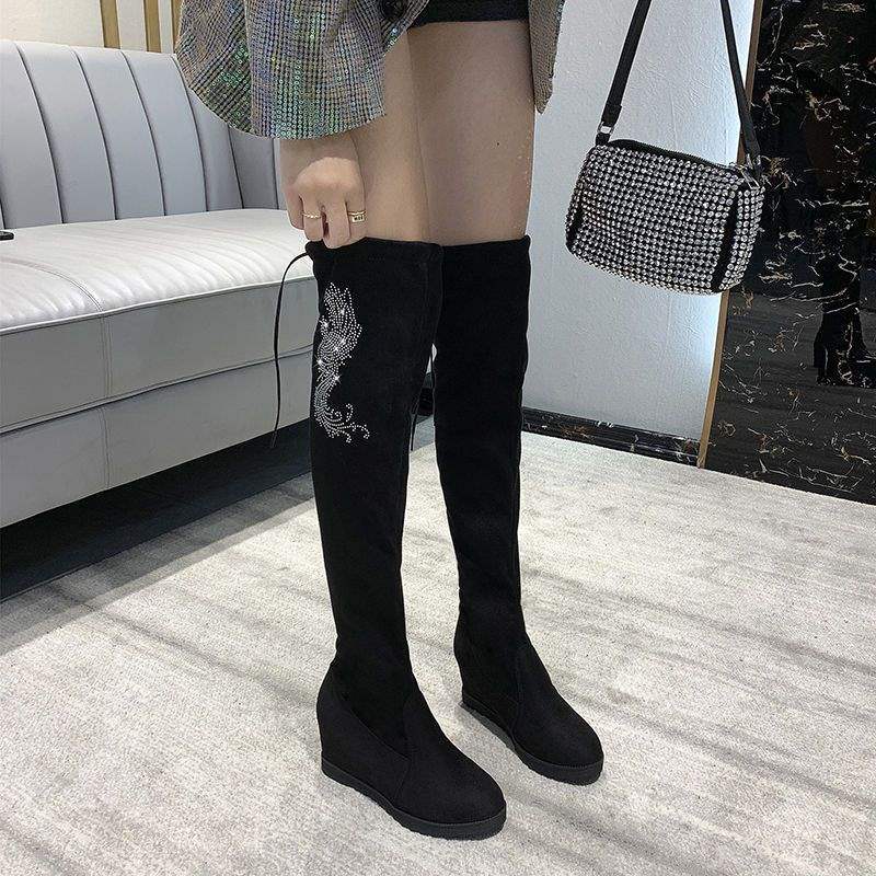 Over Knee Boots Women's Skinny Winter Fleece Elastic Boots Tall Boots Rhinestone Heel Inner Height Increasing Suede Boots