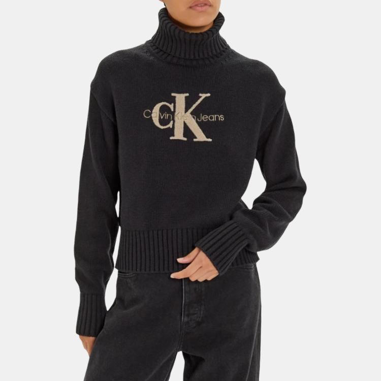 Calvin Klein Logo Embellished High Neck Fitted Long Sleeve Sweater Women sweater Black J20J224229-BEH