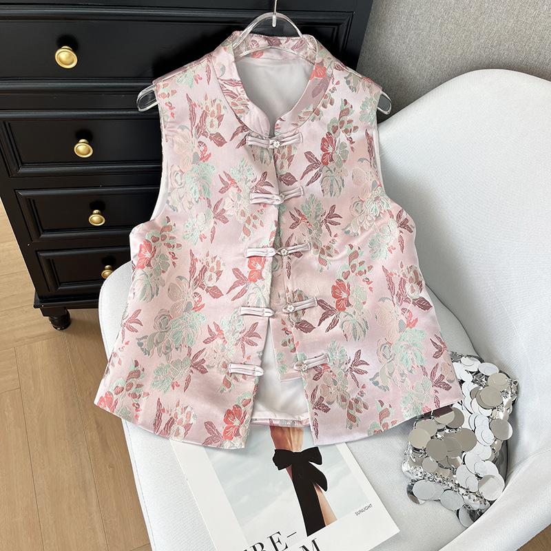 

2025 ранняя весна жилет воротник-стойка кардиган с цветами персика ретро дизайн жаккардовый короткий жилет XXXL [Recommended 138-75kg]