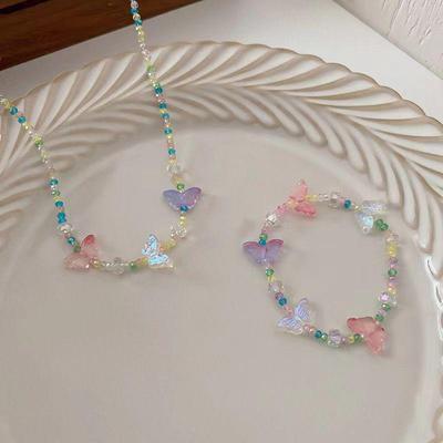 Korean Summer Butterfly Necklace & Crystal Beaded Bracelet Set for Women