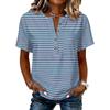 Women’s Striped Print Henley Neck Button Front Short Sleeve Cotton Linen Shirt with Chest Pocket Casual Fit Top