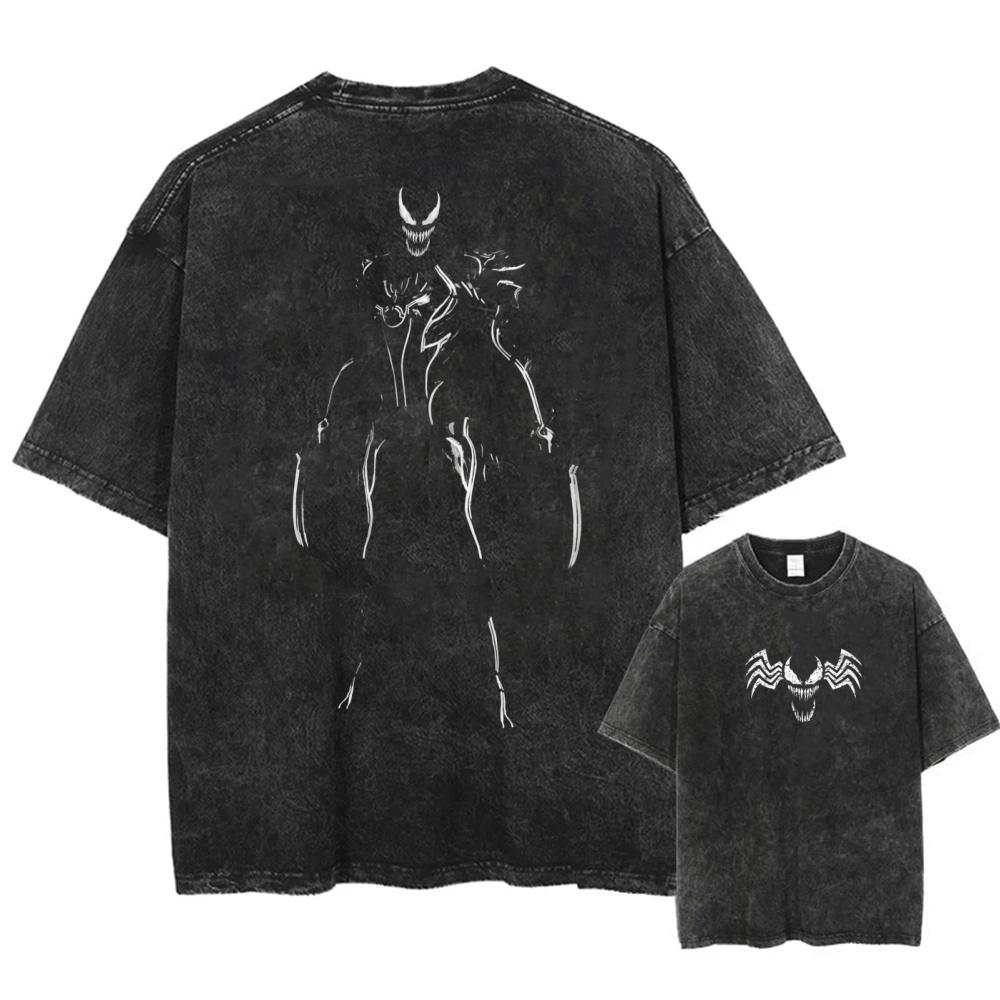 Marvel Venom Geprint T-shirt Trendy Casual Unisex Korte Mouwen Katoen Gewassen Vintage Los T-shirt
