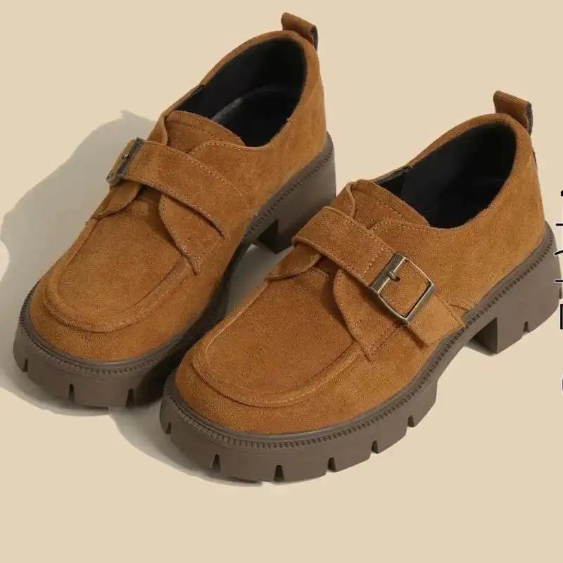 Fashion Women's Height-Increasing Thick-Heeled Shoes British Retro Loafers Commuter Flat Shoes Round Toe Spring Autumn Velvet Cloth Lini