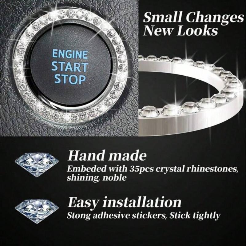 Car Interior Decor Logo Stickers, Shiny Rhinestone Car Ring Accessory for Women, Car Parts Ignition Start Button