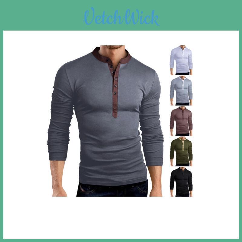 Premium Quality T-shirt Men Fashion Button Front Long Sleeve V-neck Solid Casual Slim Fit