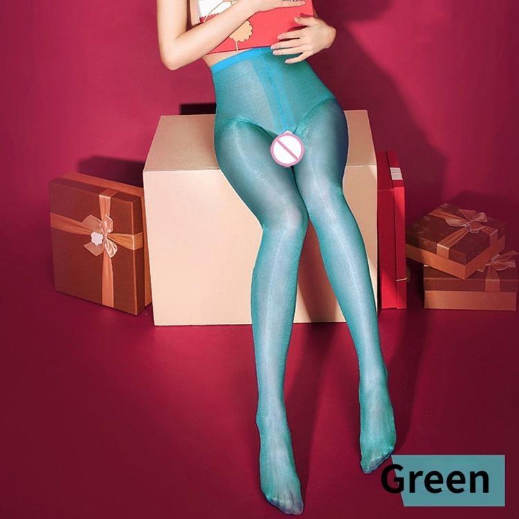 Women 30 Deniers Oil Shine High Waist Tights Glitter Pantyhose Open Crotch Shiny Lustre Shaping Legs Stockings Club Dance Party