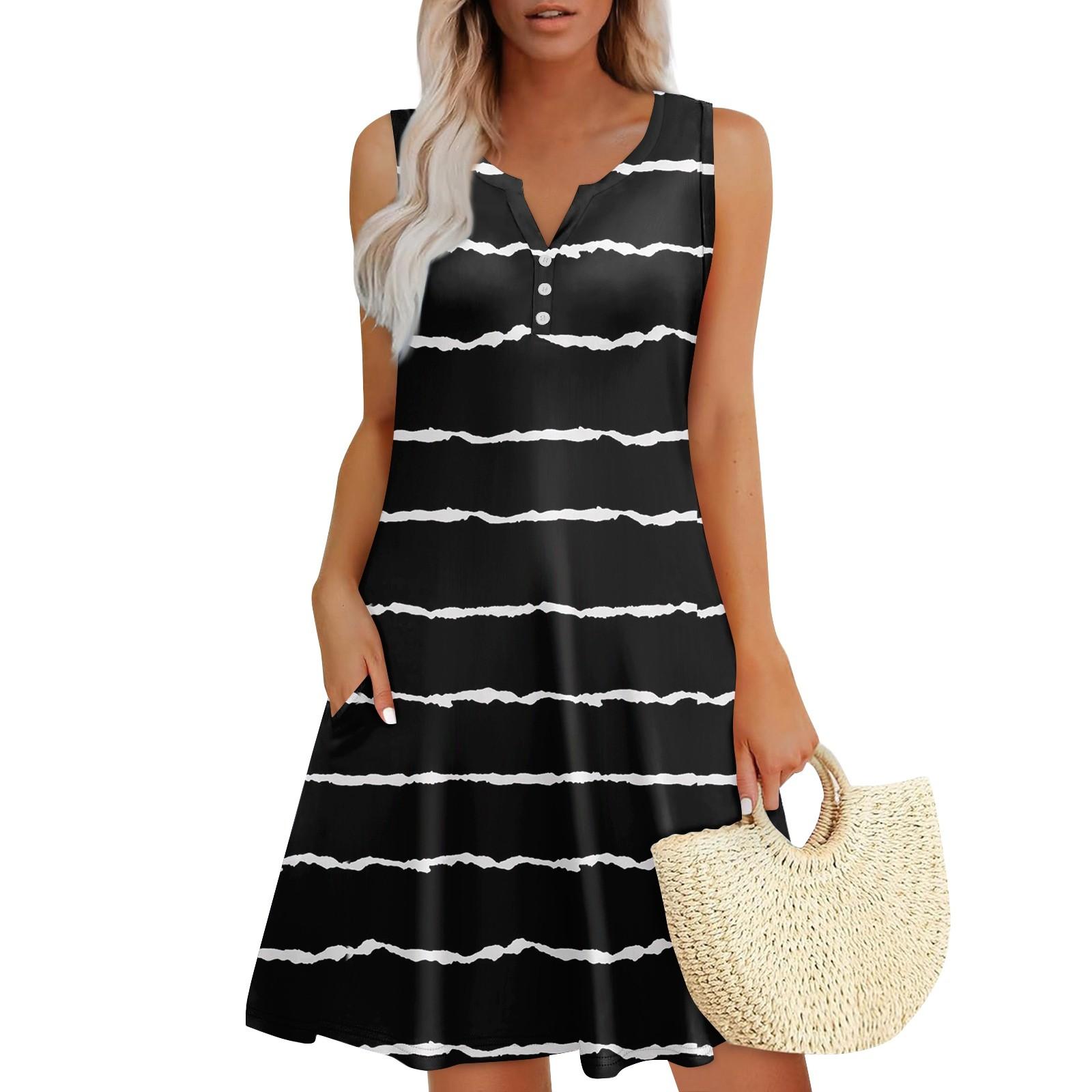 

Женские летние платья Свободные сарафаны без рукавов с V-образным вырезом Платье с карманами S чёрный