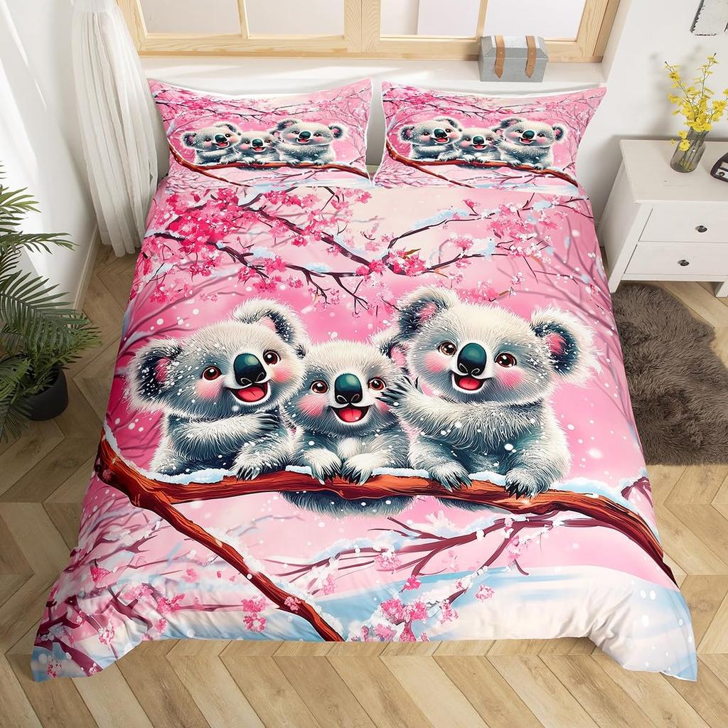 Kids Koala Duvet Cover Set, Blooming Floral Branch With A Bear Comforter Cover, Palm Tree Leaf Wildlife Cartoon Bedding Set,Twin