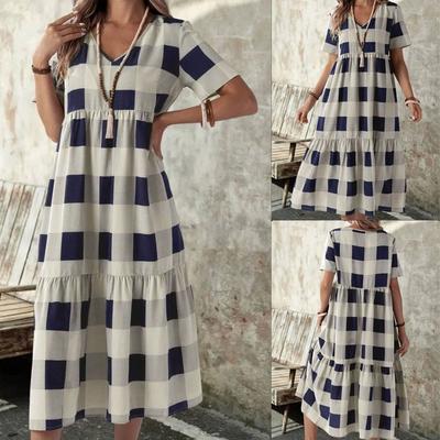 A Women's Plaid Summer Fashion and Stylish V-neck Short-sleeved Dress