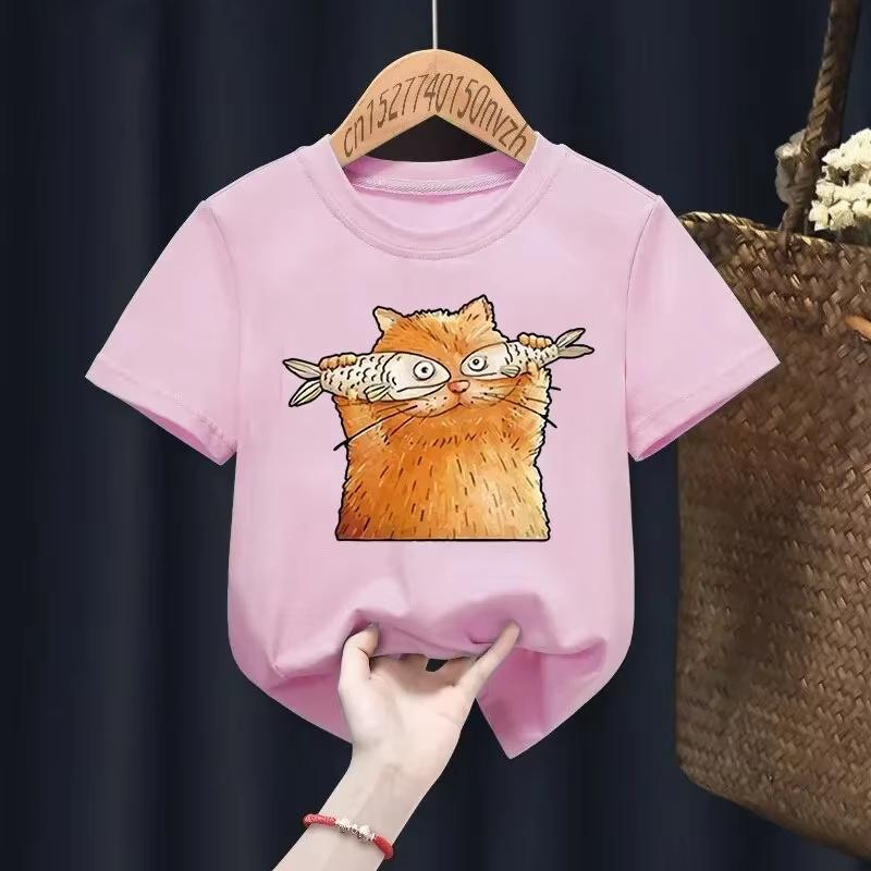 Cute Cartoon Cat Print Fashion Kid Tshirts Children Baby Harajuku Kawaii Clothes Boy Girl Tops Gift Present Fashion Kid T-shirts