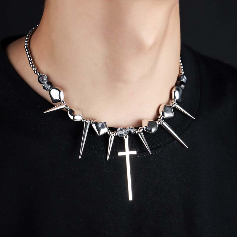 Retro Silver Color Rivet Cross Pendant Necklaces for Women Men Punk Hip Hop Long Spike Tassel Choker Necklaces Y2K Jewelry Gifts