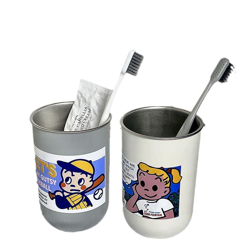 Harada Osamu Children's Cute Cartoon Toothbrush Holder Set - Stainless Steel, Creative Couple Rinsing Cups