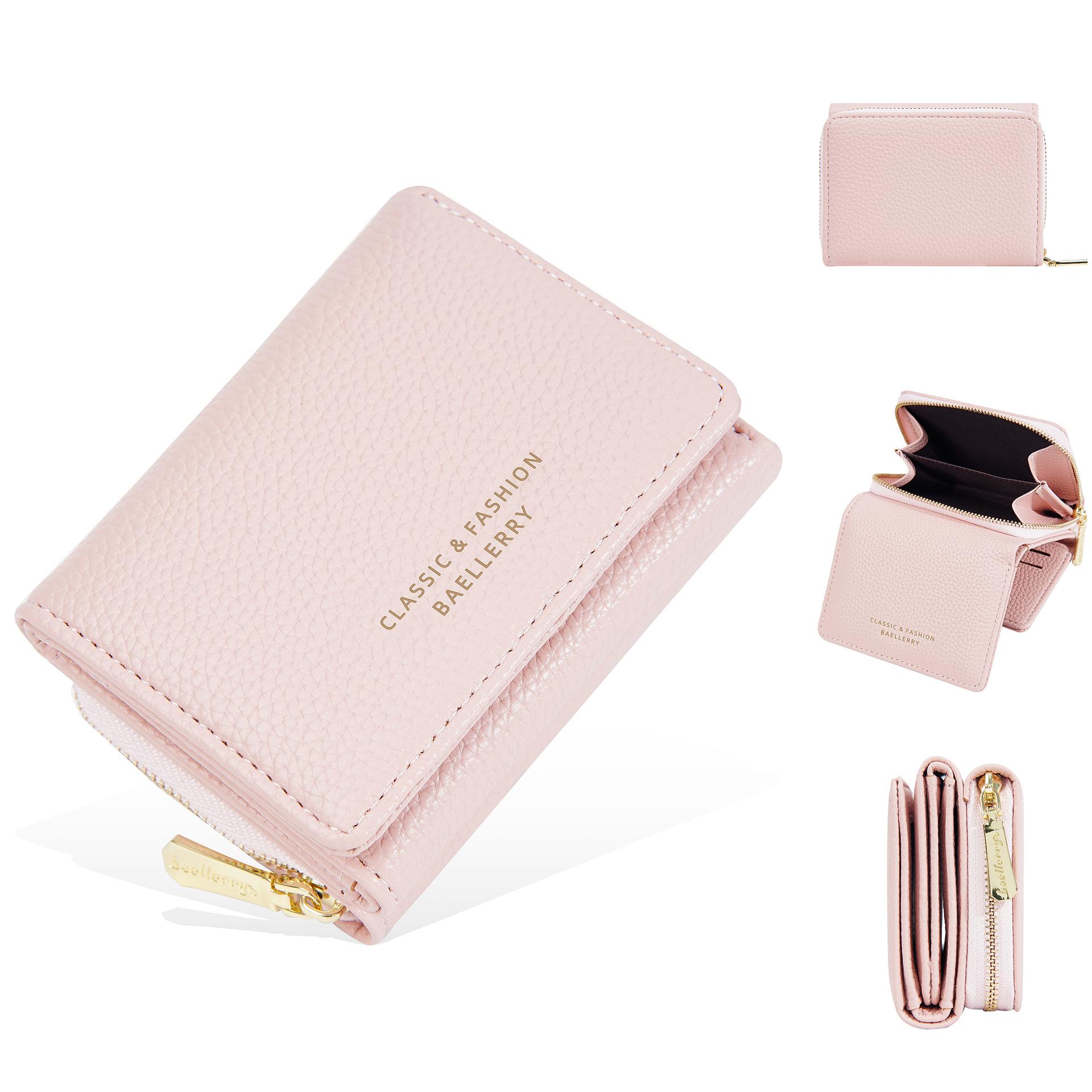

Женский короткий кошелек Baellerry Trifold с текстурой личи, женский кошелек на молнии, держатель для карт розовый