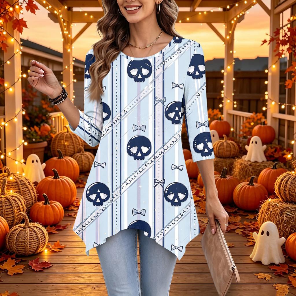 Women's Casual Halloween Print Top, Loose Fit Three-Quarter Sleeve