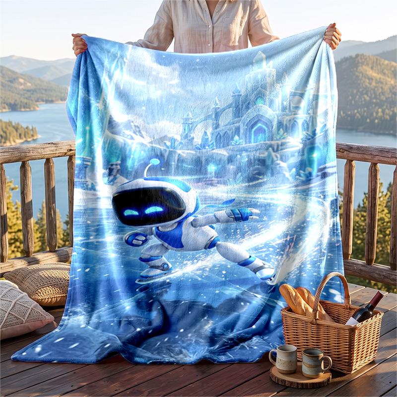 Warm Flannel Blanket Astro Bot Pattern, Lightweight Comfortable Throw Blanket for Bed Sofa Use